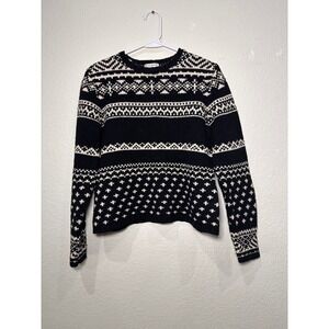 Rosanna Petite Lambswool Fair Isle Sweater Black White Nordic Crewneck PM